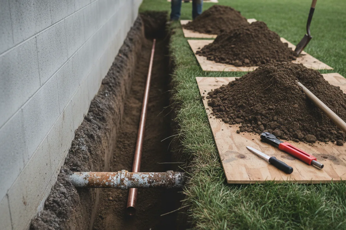 Excavated water line trench during Water Heater Repair in Bloomingdale